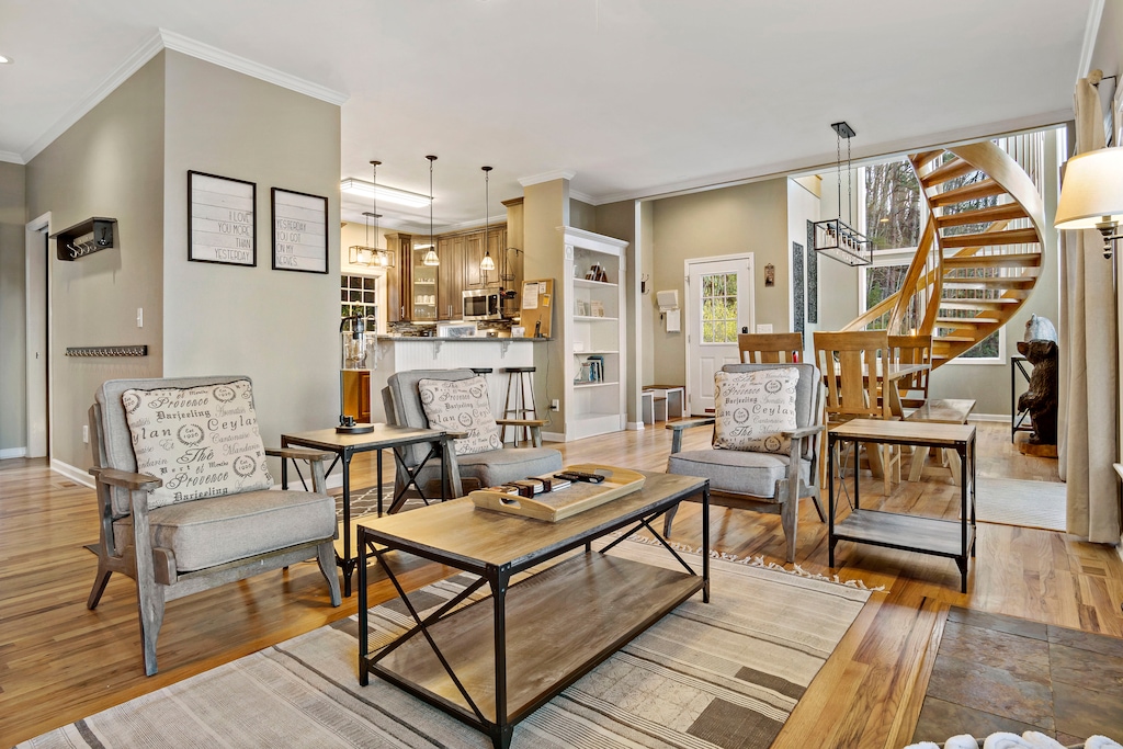 Beautiful kitchen, dining, and living areas.
