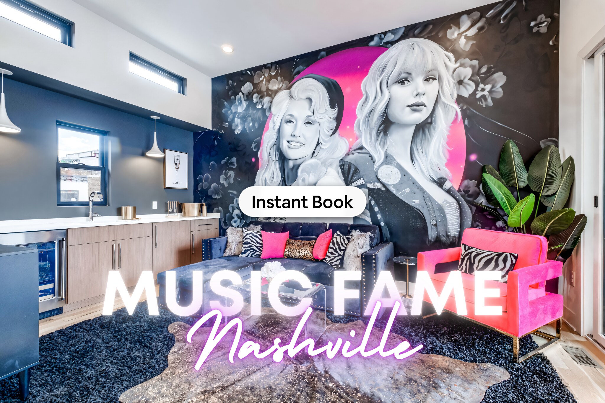 Immerse yourself in the vibrance of Music City with Misfit Homes! This Nashville luxury vacation rental flaunts a cozy lounge area adorned with bright, cushioned chairs and a striking mural of iconic songstresses, inviting bachelorette parties and family get-togethers alike to live it up in style. 🎶✨ Ready to make unforgettable vacation memories? Dive into the heart of Nashville's energy and 'Instant Book' your stay now! 🌟