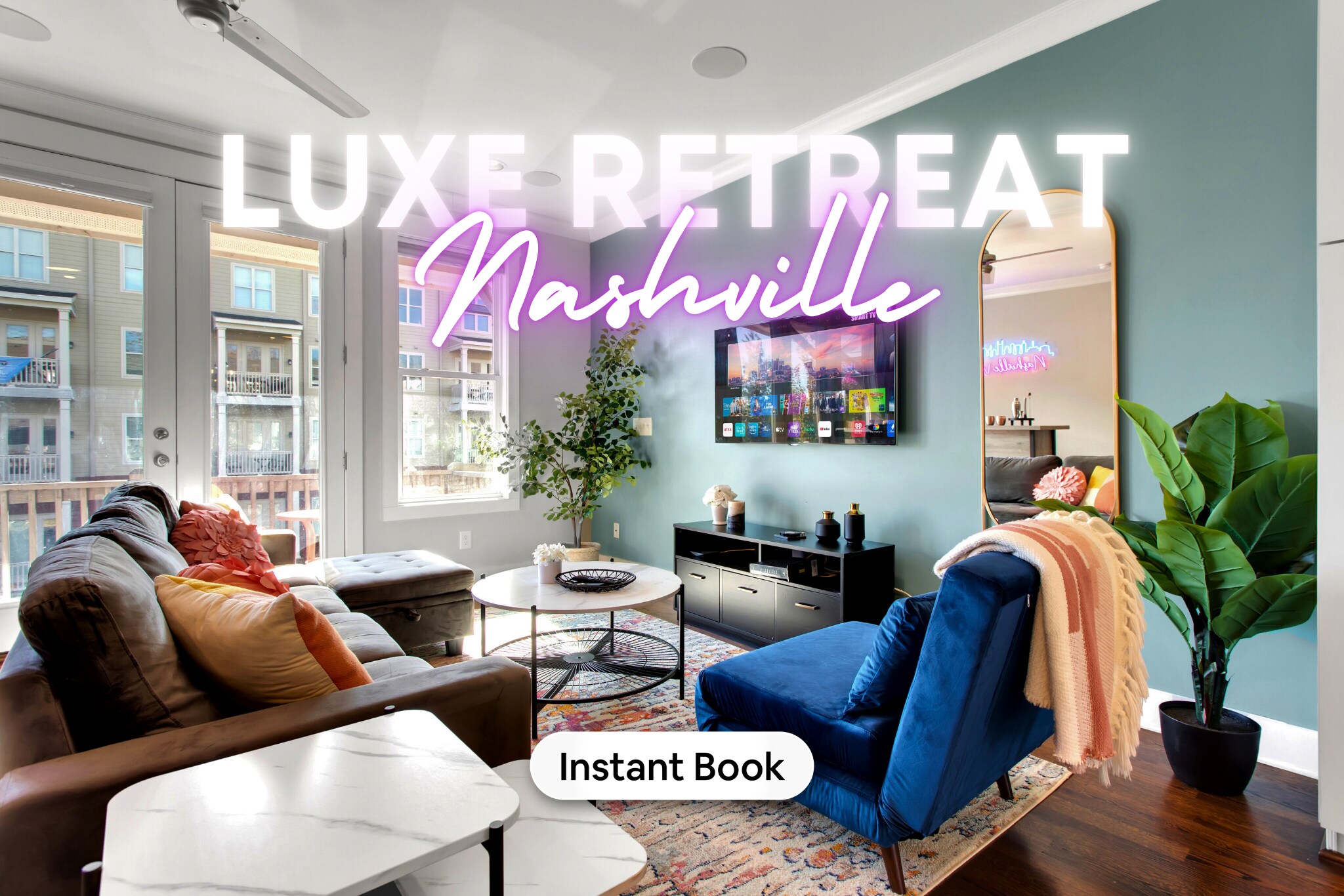 Unwind in style at "Luxe Retreat Nashville," the ultimate luxury vacation rental for your Nashville adventure! Perfectly suited for any bachelorette bash or family vacation, this vibrant lounge radiates Music City charm with plush seating and chic decor. Imagine sipping morning coffee with your crew on the sunlit balcony after a dreamy night's sleep. Ready for a memorable vacation? 🌟 Book your stay with Misfit Homes today and experience Nashville in splendor!