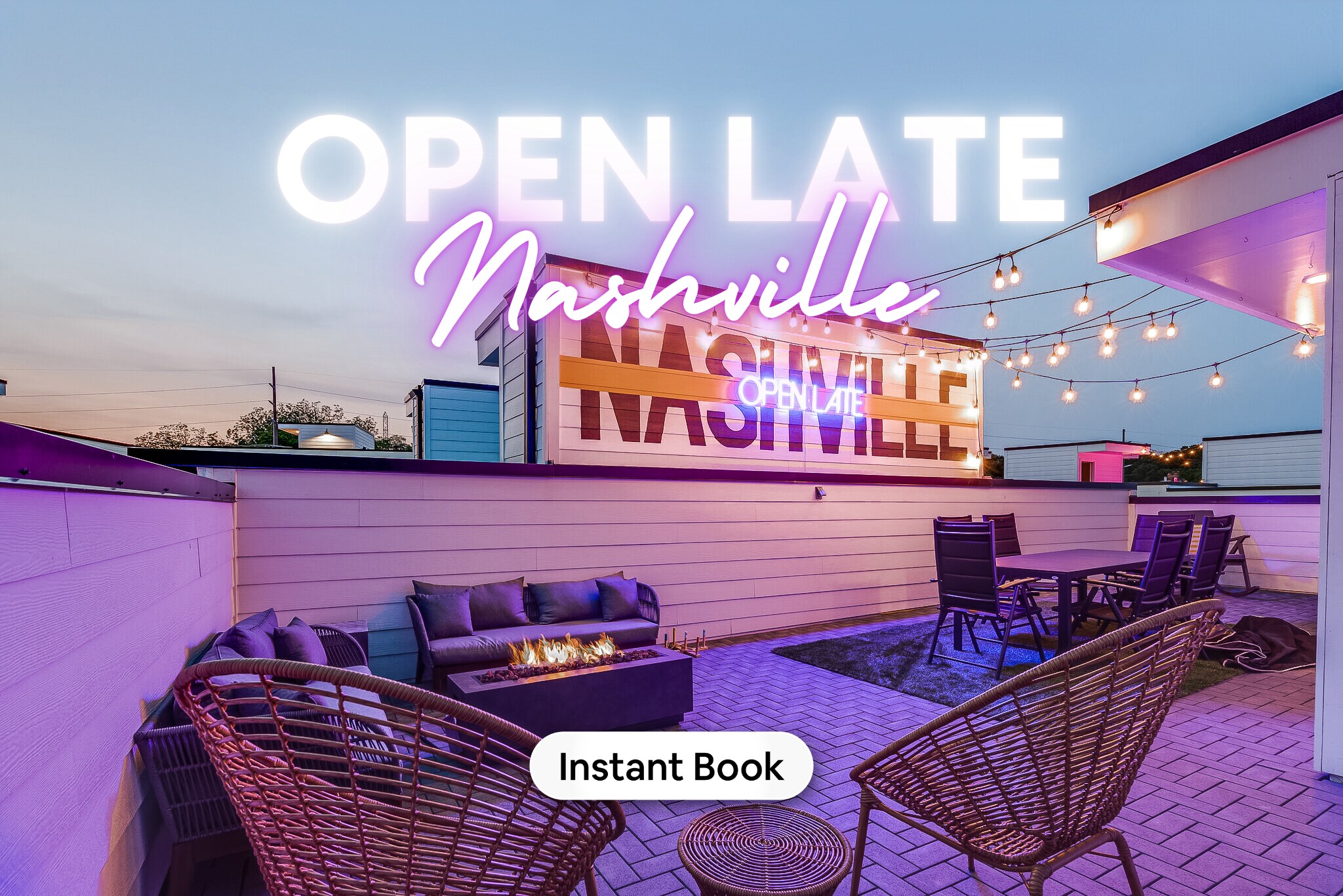 Relax on our luxurious Nashville rooftop, adorned with cozy seating, warm fire pit, and overhead string lights, creating a perfect environment for any vacation, from bachelorette parties to family gatherings. Enjoy your dinner al fresco or simply unwind in the glowing embrace of Music City’s neon nights. Dive into the vibrant life of Nashville with Misfit Homes, and let these unforgettable moments define your stay.

Book today with Misfit Homes and experience it for yourself!