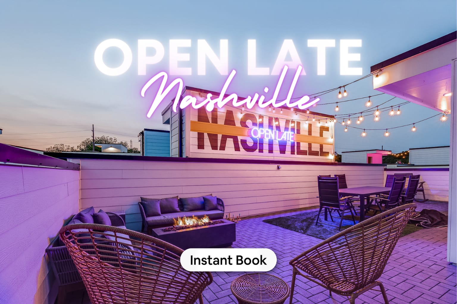 Experience the ultimate Nashville evening on our luxurious rooftop, designed for both celebration and relaxation. Picture yourself lounging on plush sofas by the fire pit, dining under the twinkling string lights, or just soaking up the vibrant vibe with neon signs that light up the night. Perfect for any vacation from bachelorette parties to family getaways, our Music City rooftop at Misfit Homes is where memories are made. 🌟🎶

Book today and let Nashville's charm be the backdrop of your memories!
