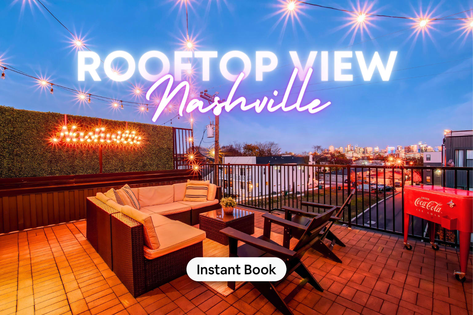 Experience luxury and Music City charm on this Nashville rooftop, a perfect hideaway for bachelorette celebrations or family holidays. Twilight settles elegantly as you lounge amidst plush seating, savoring skyline views under twinkling lights, with a cool beverage from the classic Coke cooler. It's an iconic backdrop for making lasting memories.

Book now with Misfit Homes.