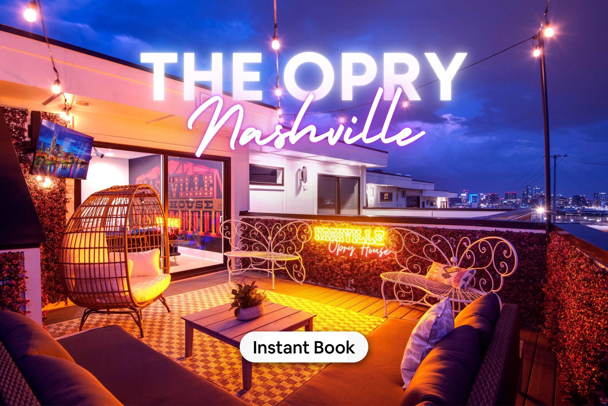 Elevate your Nashville experience on our luxury rooftop, featuring plush benches and a trendy egg chair for prime Music City viewing. Under the glow of string lights with 'The Opry Nashville' illuminating the evening, this vacation rental is perfect for bachelorettes or any group looking to indulge in the vibrant pulse of downtown. Enjoy the added entertainment of a flat-screen TV while the city buzzes below—your upscale getaway awaits!

Click to book your exclusive Music City escape now!