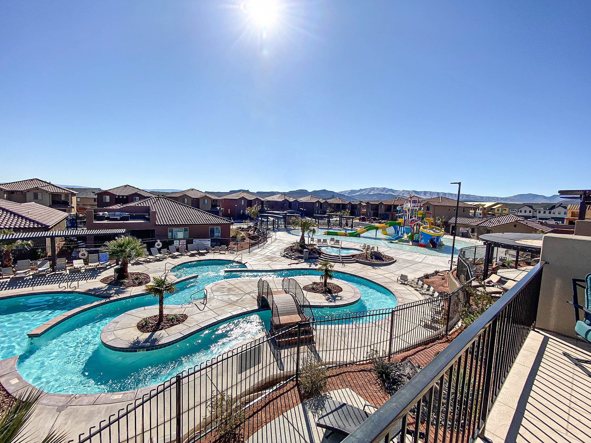 Awesome view of Lazy River and Kids Cove Waterslides right from the rooftop deck and back patio.
