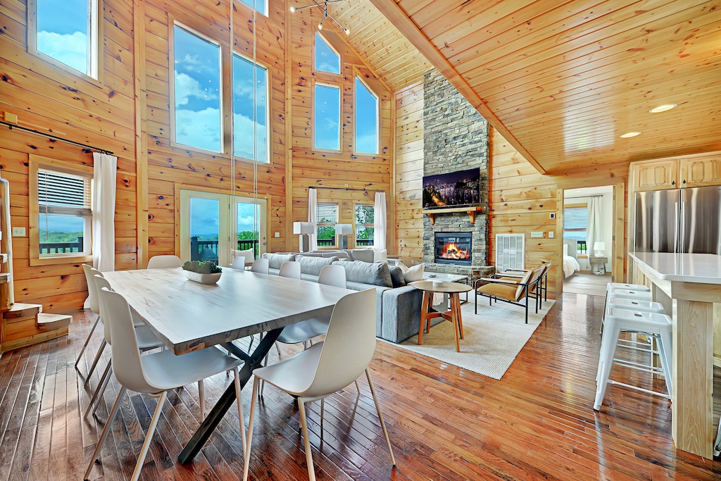 Floor-to-ceiling windows let in views and natural light.