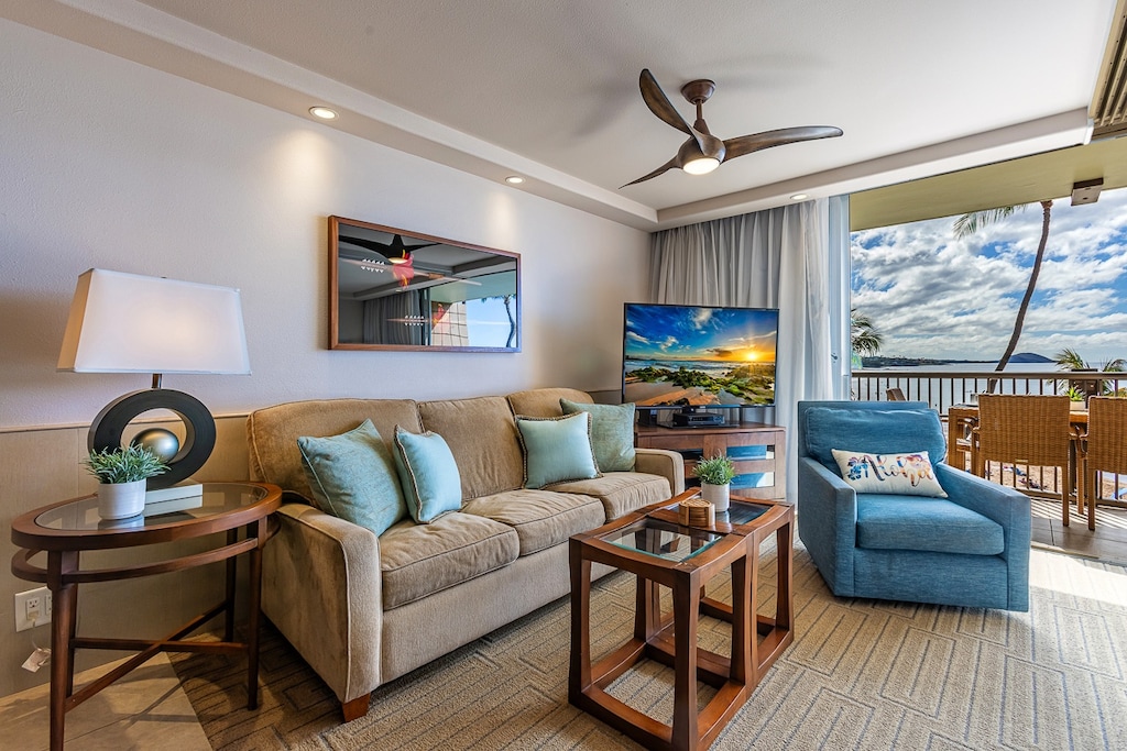 Spacious living area with an ocean view