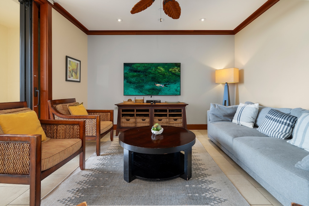 A comfortable sofabed provides a gathering spot for all, and extra sleeping accommodations.