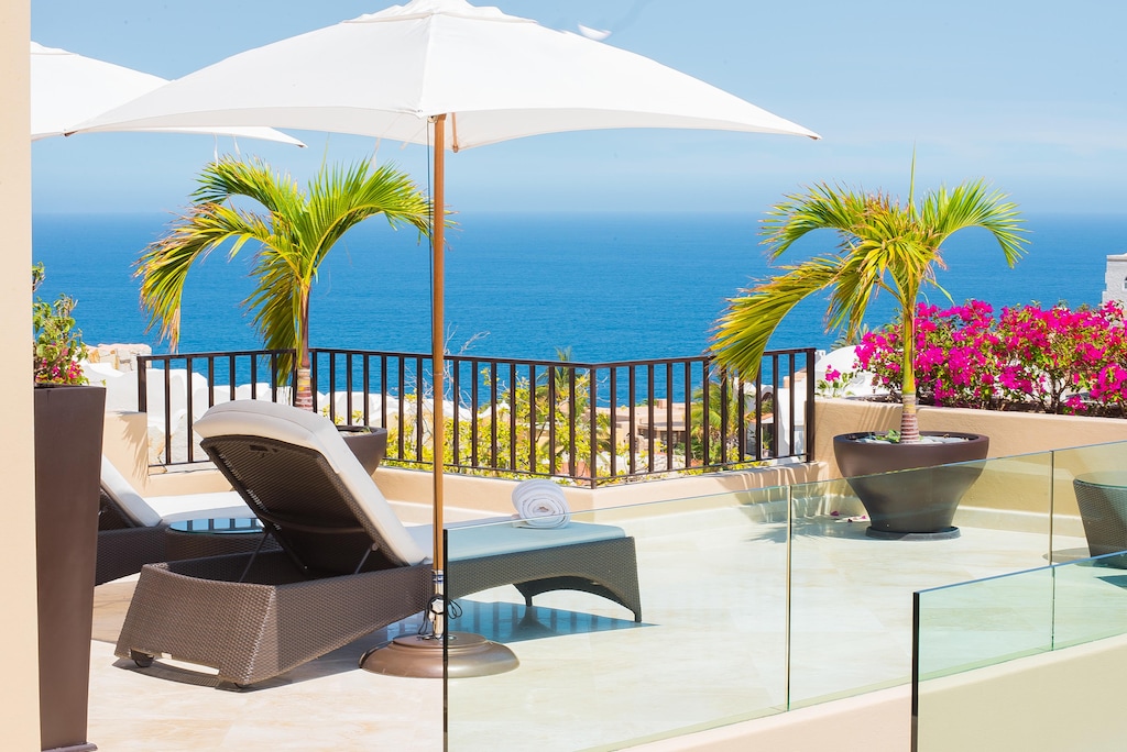 Sunny patio with lounge chairs