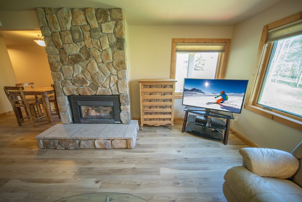 Unwind with the stone fireplace