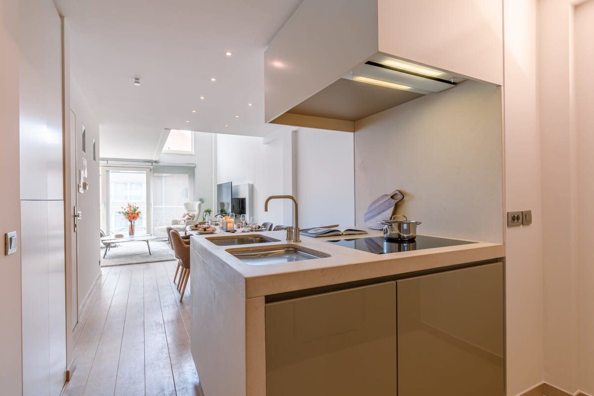 Spacious kitchen with living room