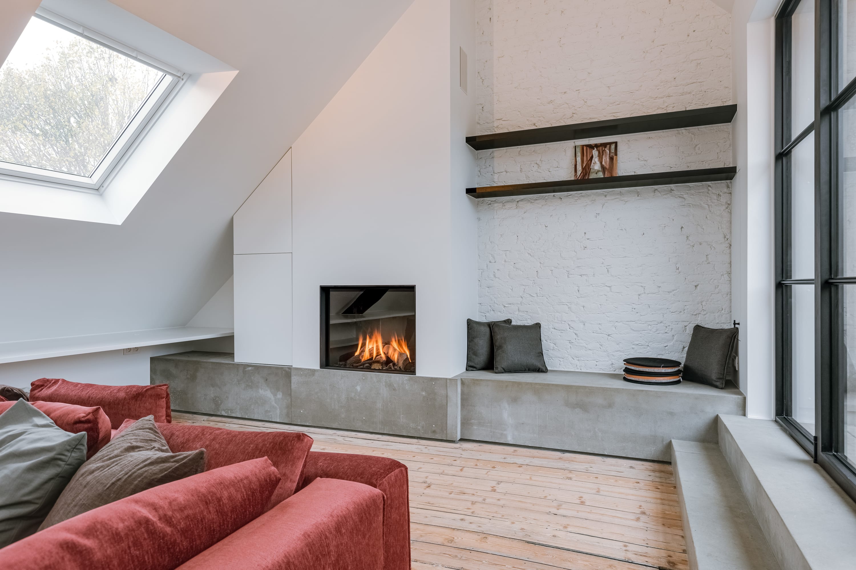 Cozy and modern living area with fireplace