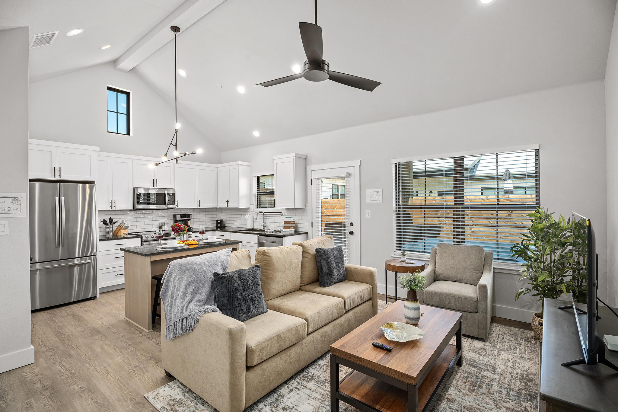 Sink into the comfy couch in the spacious living room.