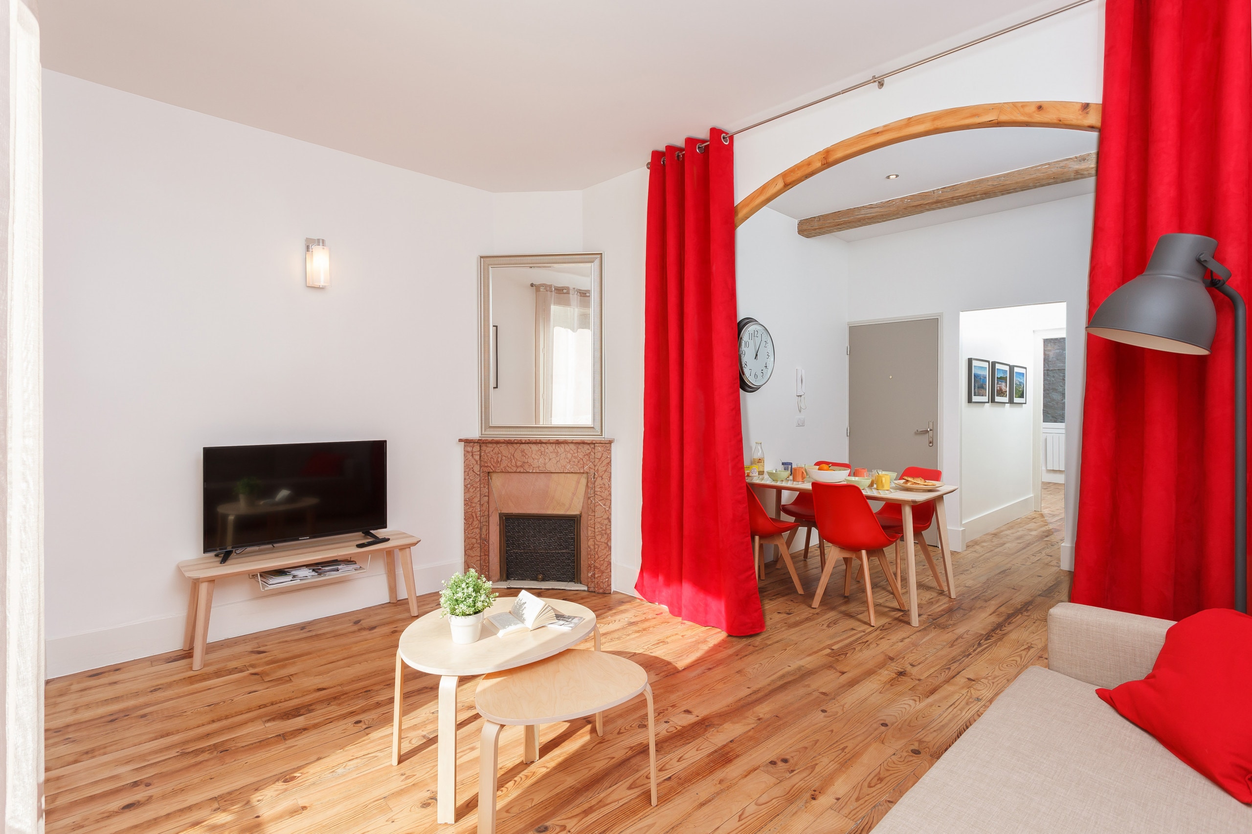 Bright living room with tv, internet and a convertible sofa