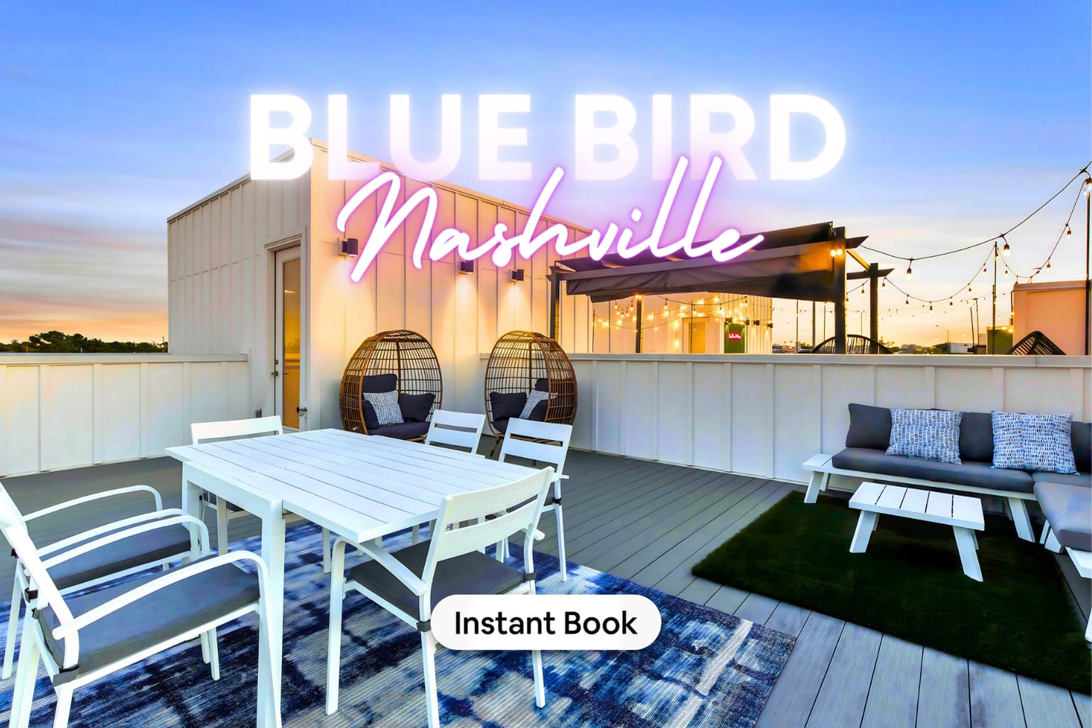 Gather under the glimmer of string lights amidst the Nashville skyline on our picturesque Blue Bird rooftop retreat. This luxurious vacation rental boasts both cozy and chic vibes with plush seating, vibrant neon signage, and an inviting atmosphere, making it the perfect Music City escape for bachelorette parties or group vacations. Immerse yourself in elegance and unwind as dusk envelops the city—yours to enjoy with friends and family.

Book your stay at Misfit Homes today!