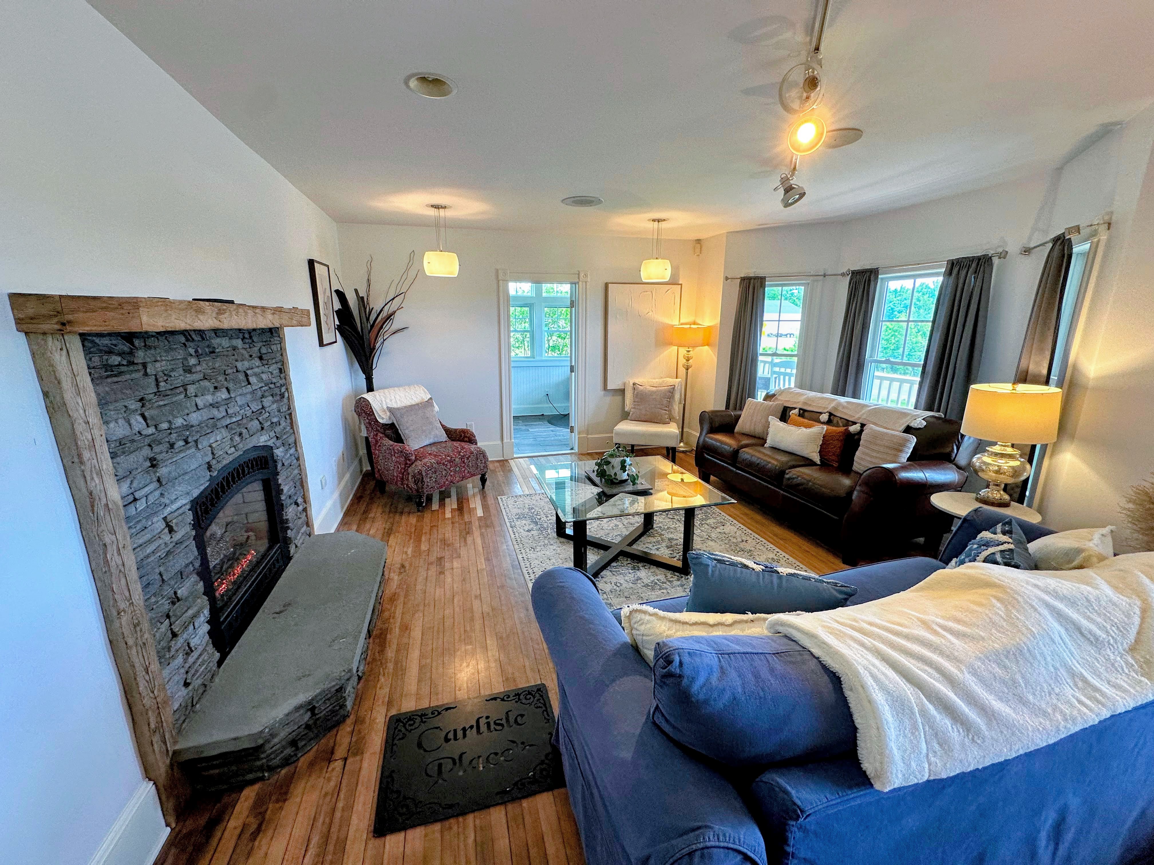 Main level living room with gas fireplace