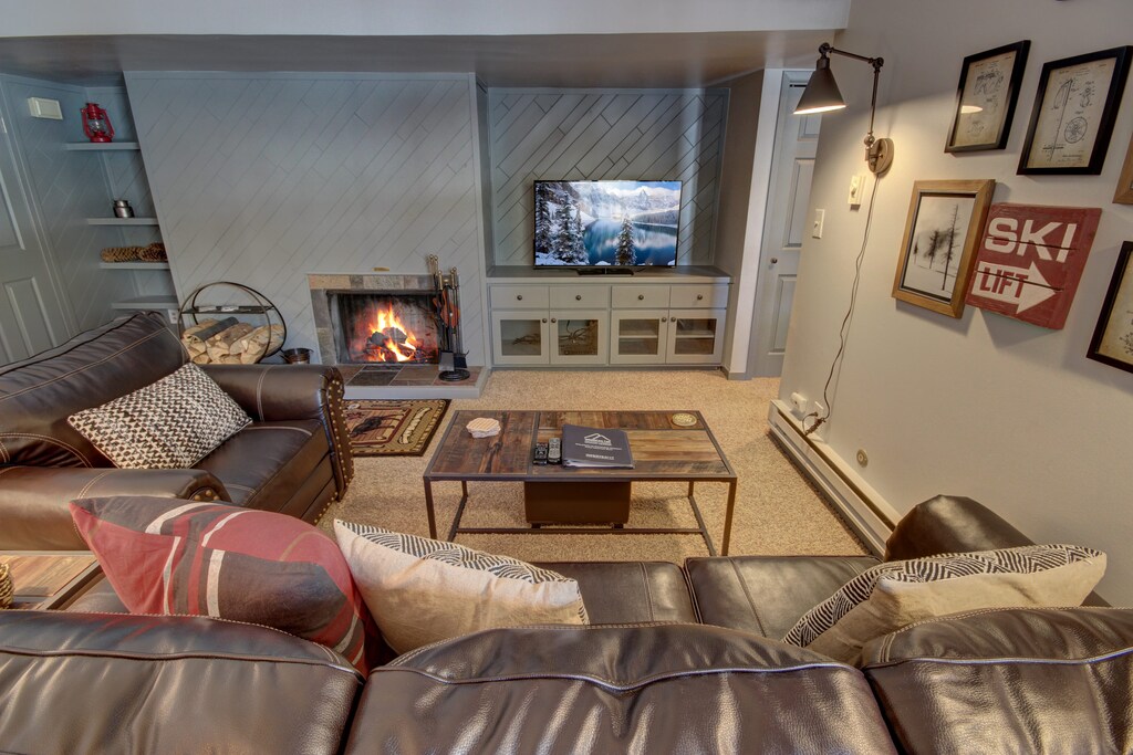 Wood burning fireplace, perfect for a snowy day in