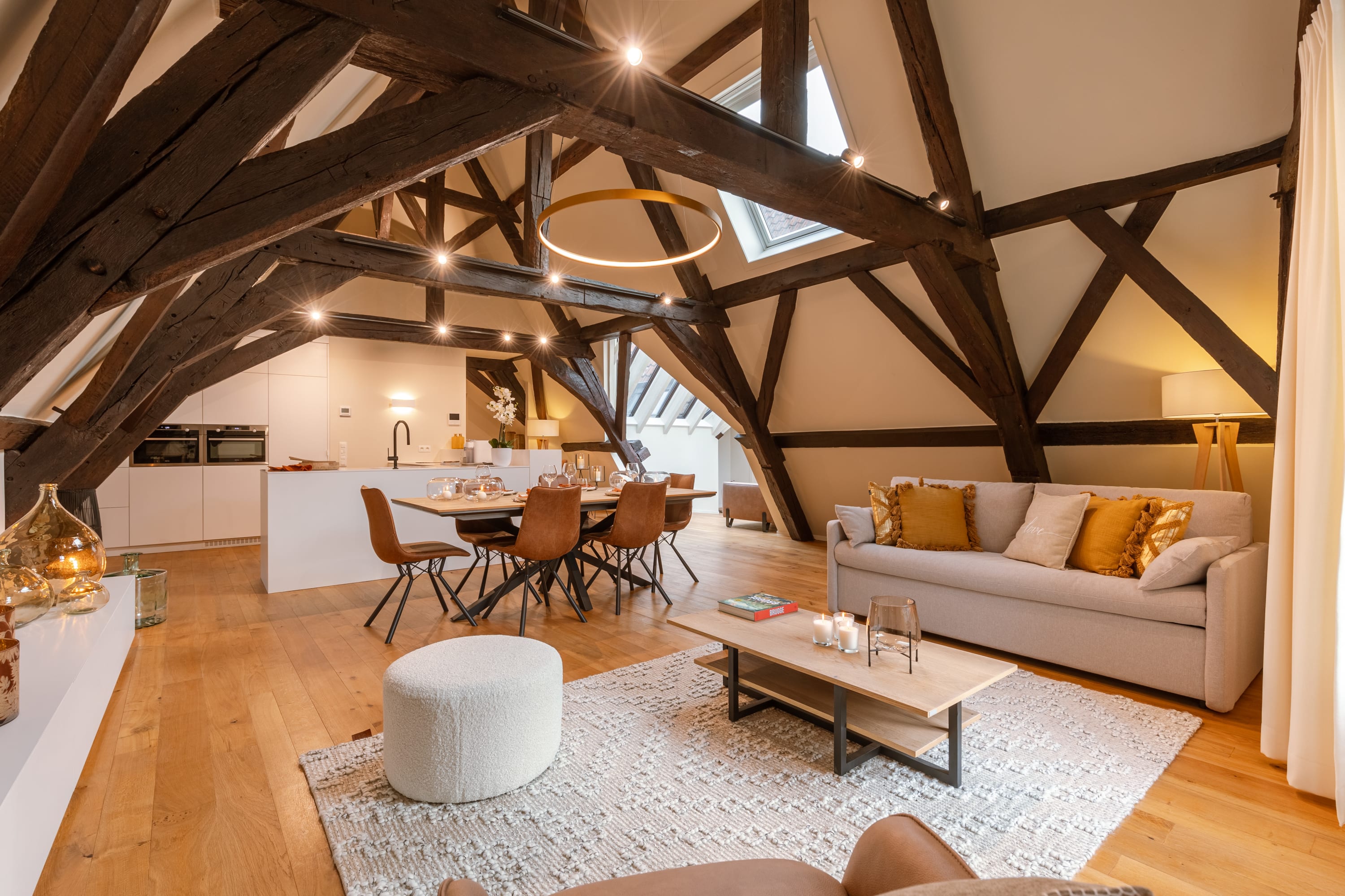 Living room with authentic wooden beams
