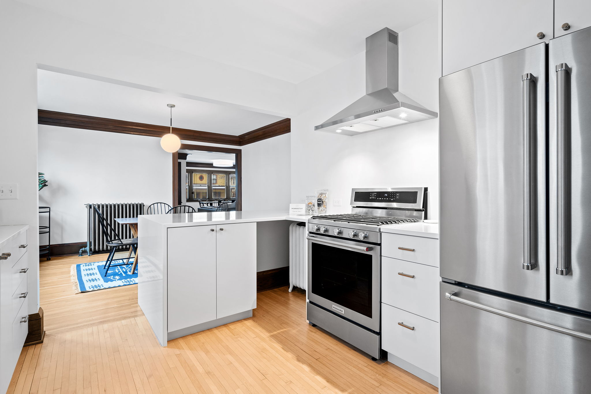 Stainless steel appliances and bright, clean kitchen