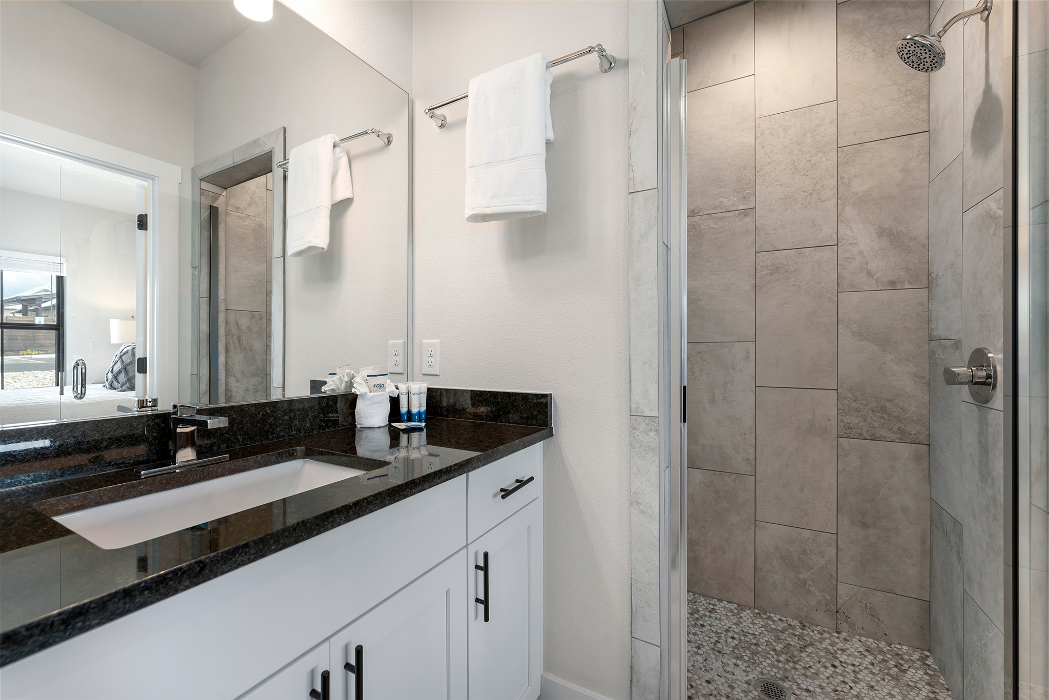 Unit 104 - The bathroom features a spacious walk-in shower