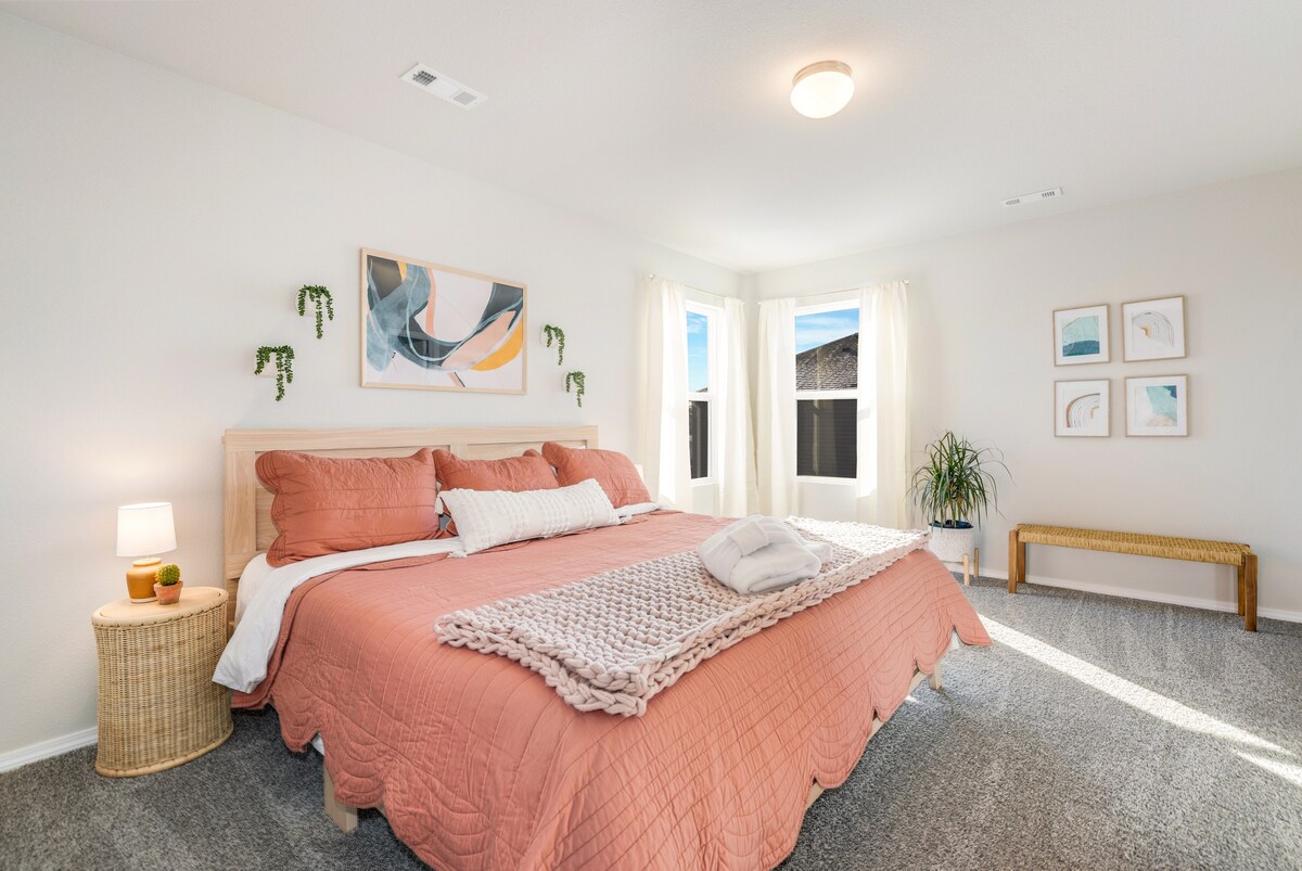 Our Master bedroom is complete with a King-size bed, closet, dresser, 43" Roku TV and en suite bath.