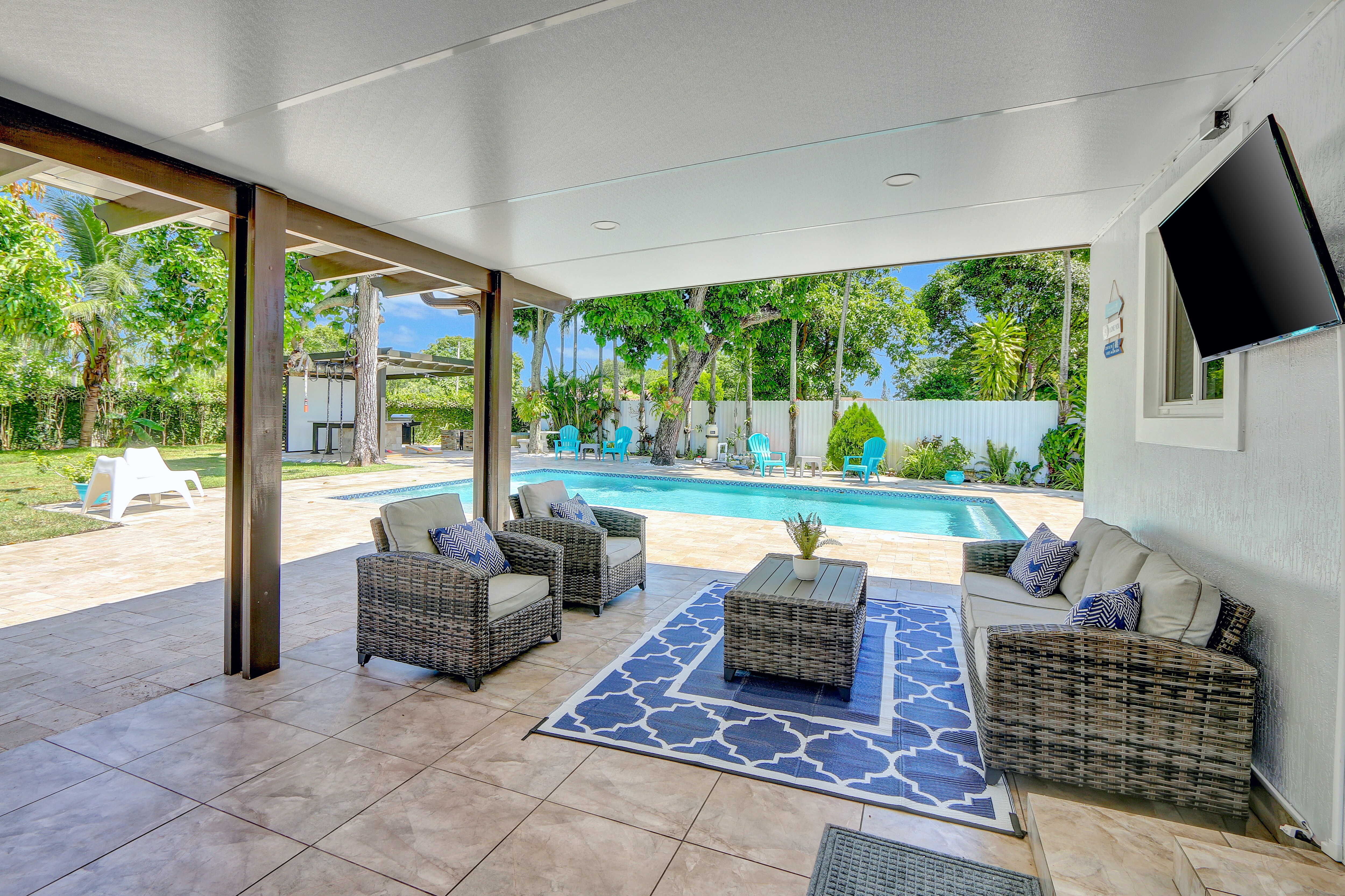 Outdoor | covered patio includes ample seating & TV