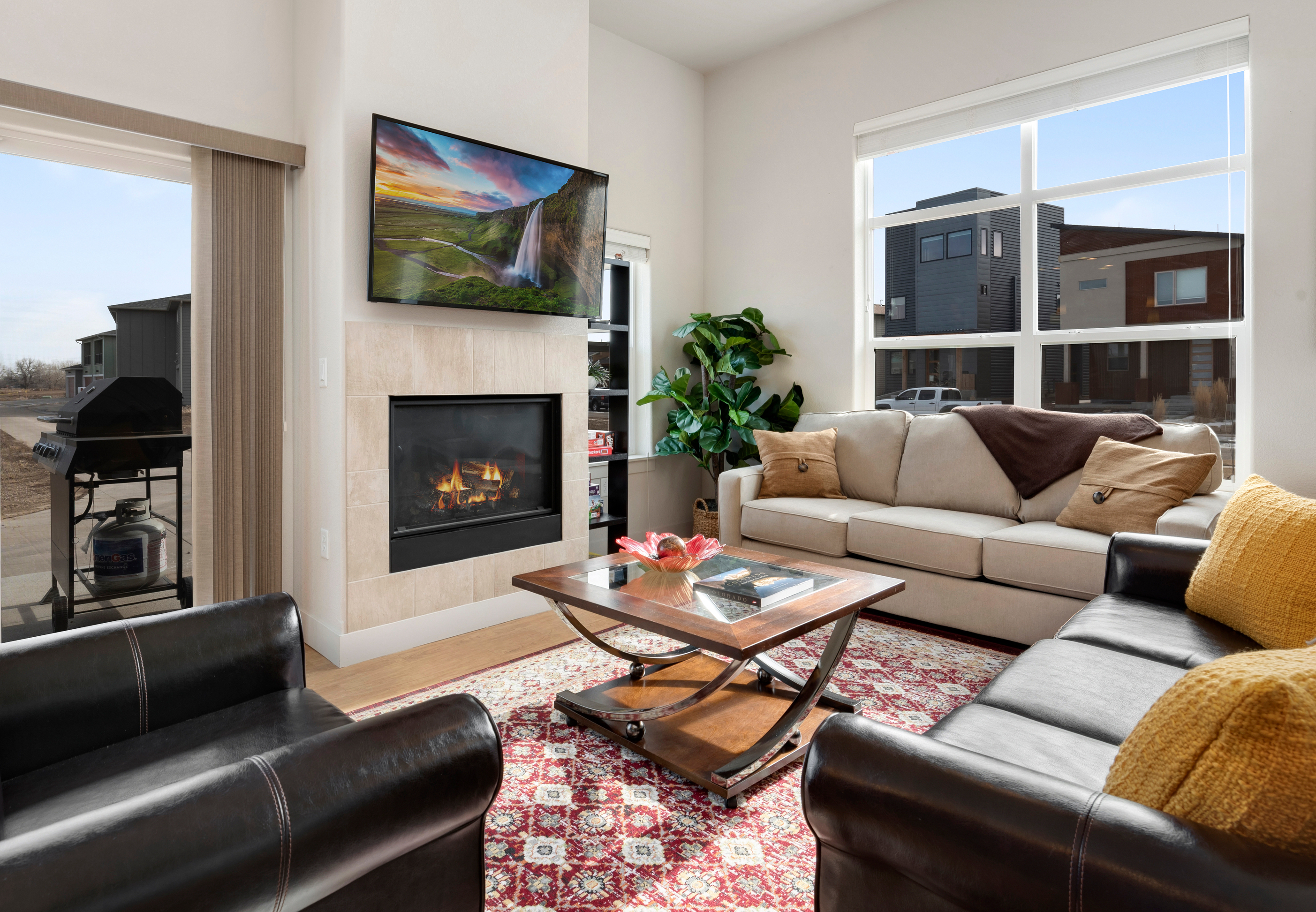 Living Area with Smart TV and Fireplace