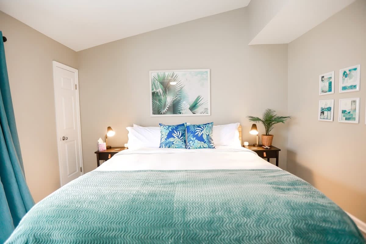 After a fun day at the beach relax in the king bed on the third floor, rated by guests as "very comfortable!"