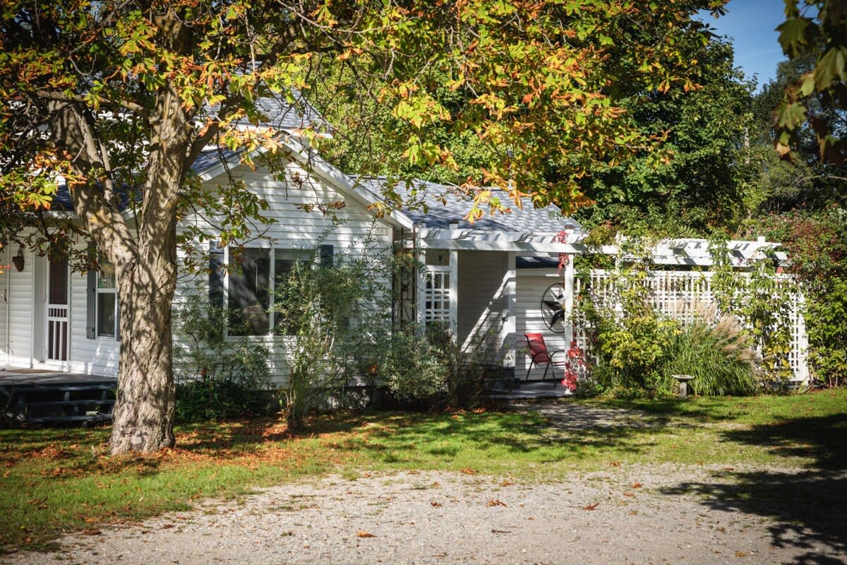 Cottage surrounded by trees and plants