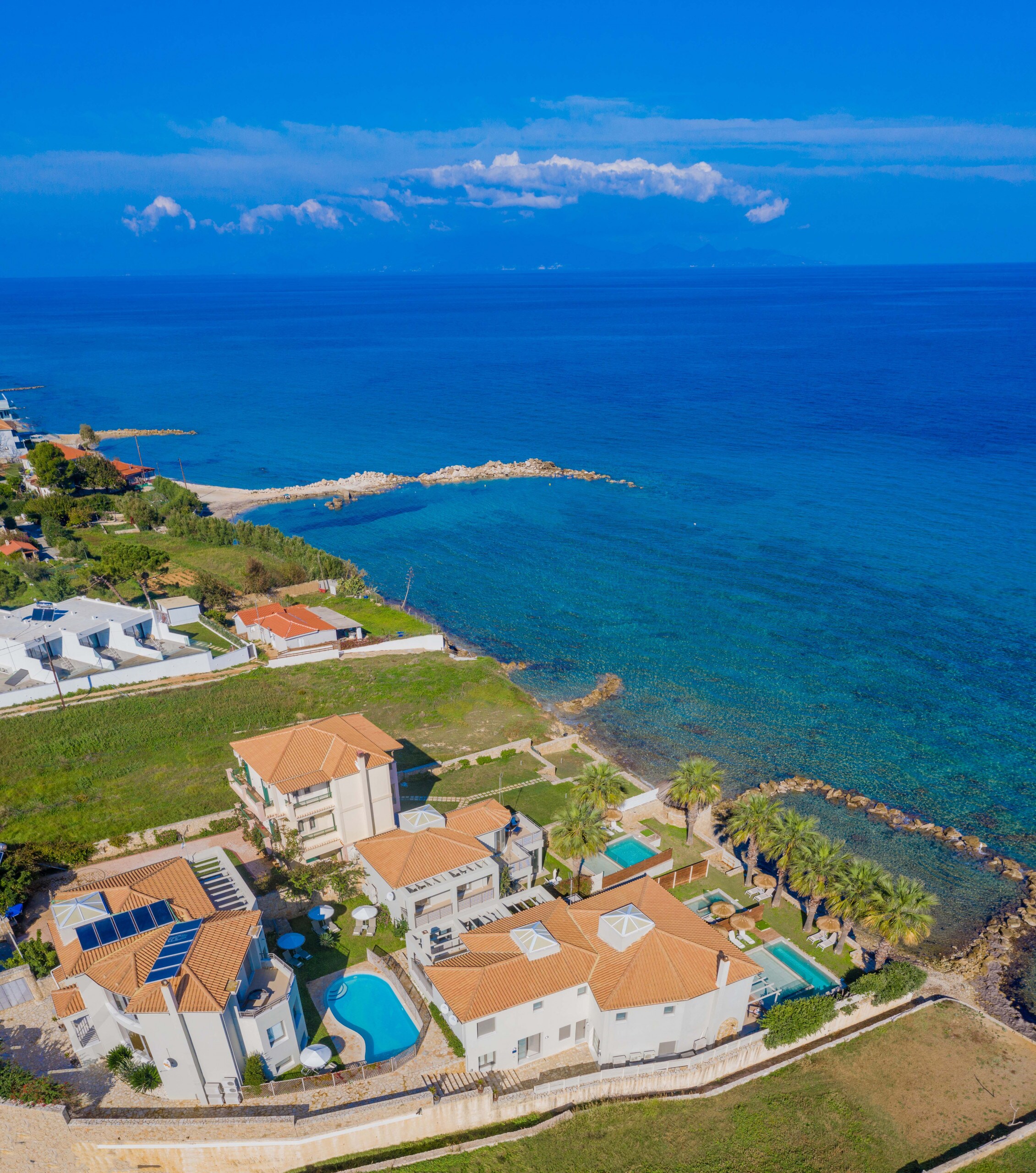 Bird's eye view from the Palatia Caeli Complex. Uranus villa is located directly in front of the sea
