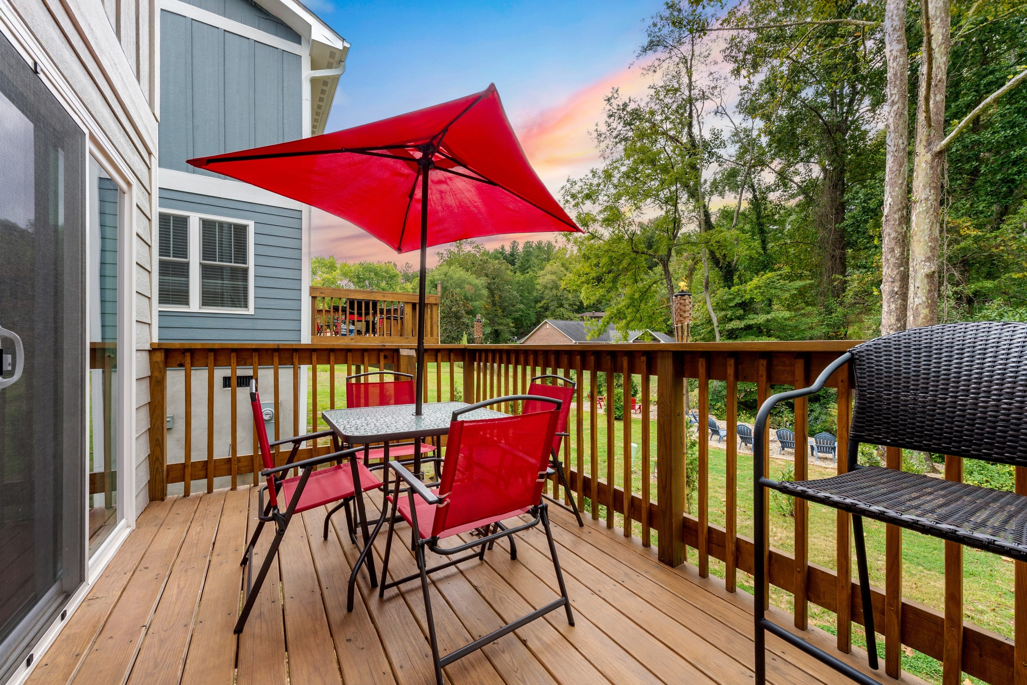 Sunny patio with an al fresco dining table.