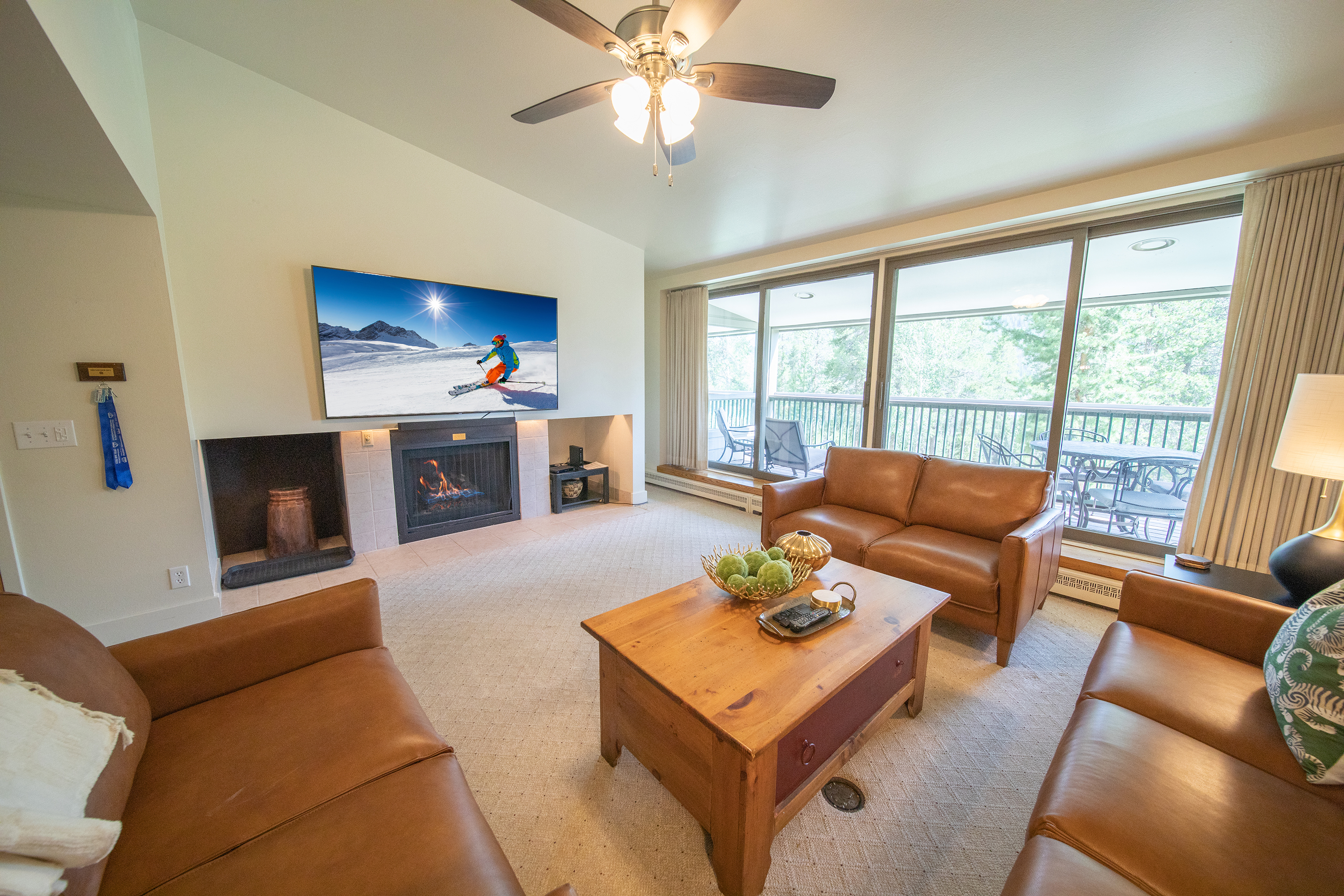 Unwind with the gas fireplace and large Smart TV