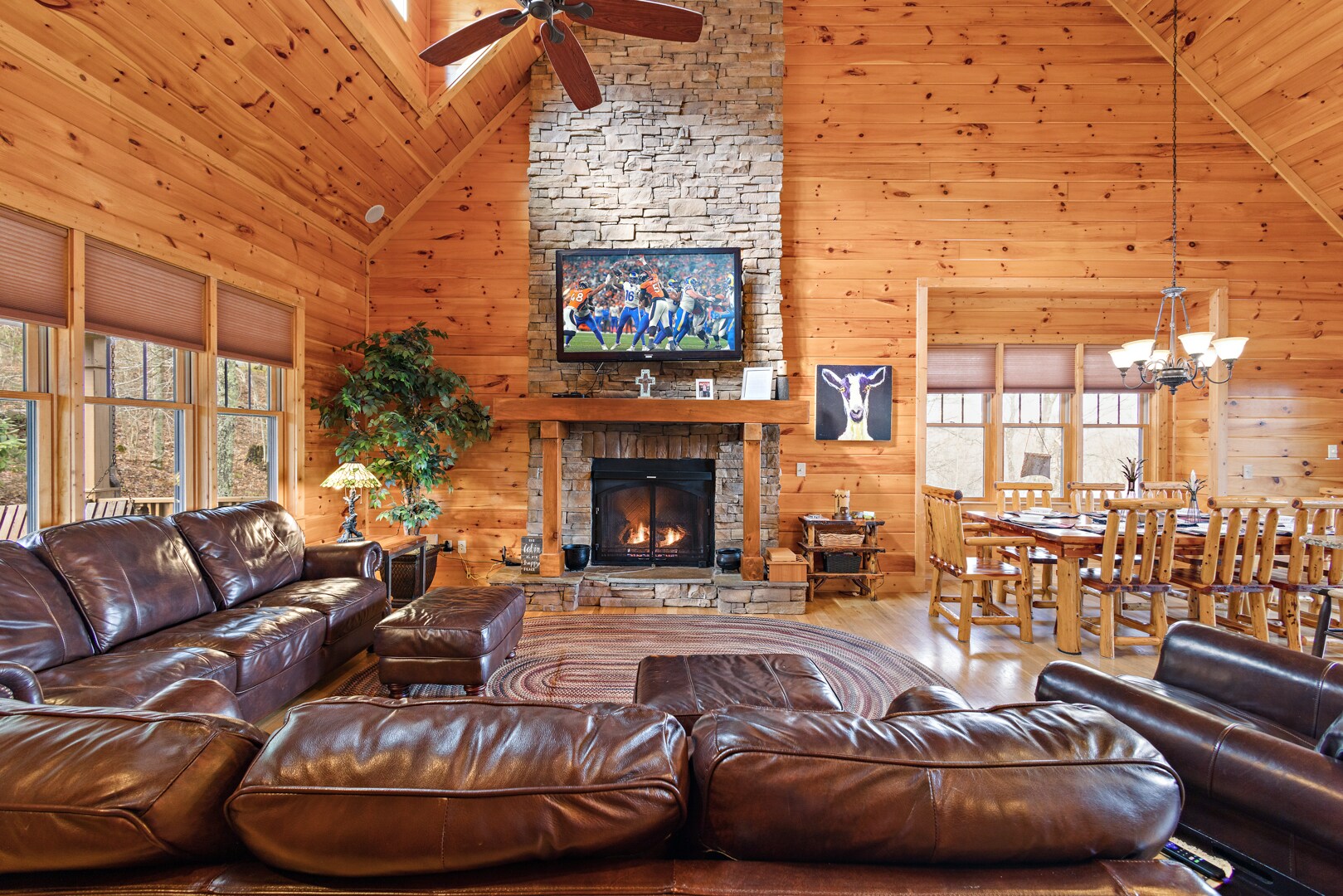 Leather Furniture and Stacked Stone Fireplace