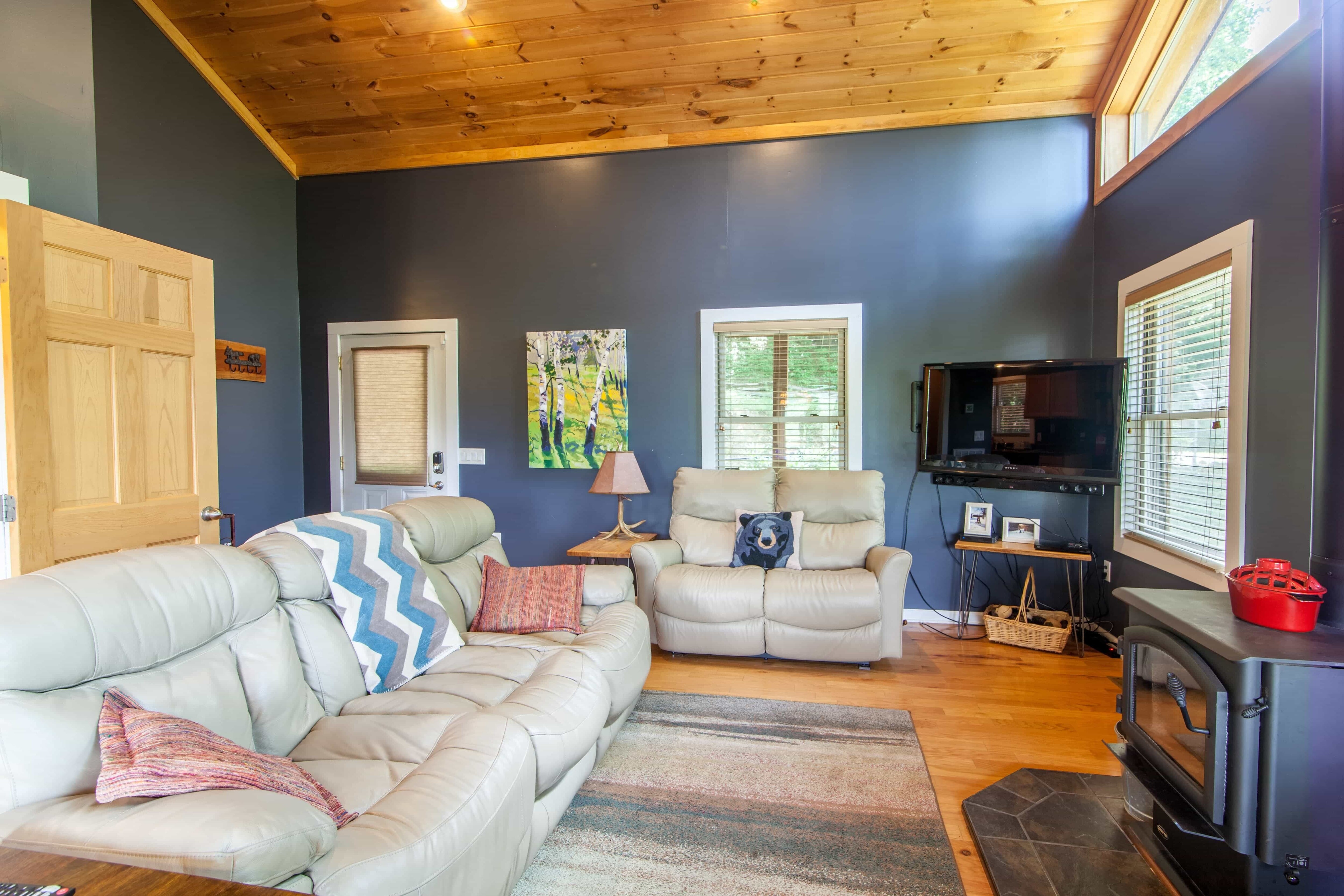 Main Level Living Area with Large TV, Wood Stove, and Comfy Seating
