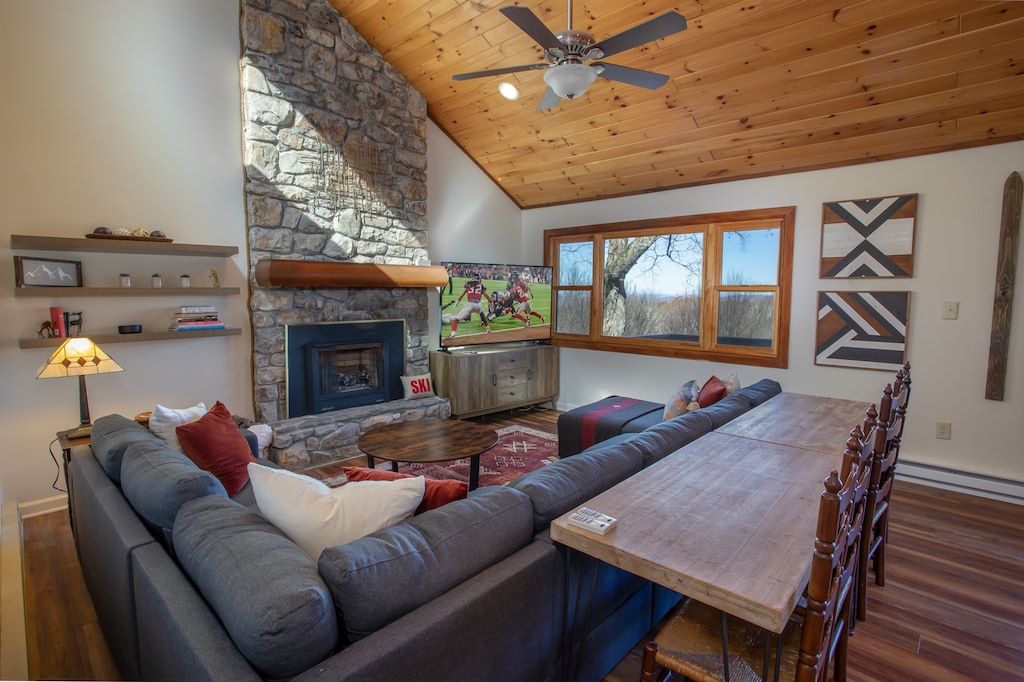 Living Room with Stone Fireplace, TV, and Long-Range View