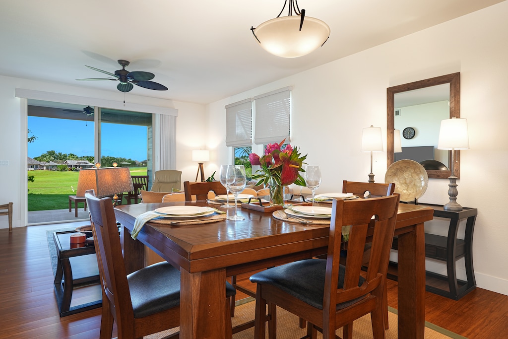 Dining room with seating for six, with views through the sliding doors.