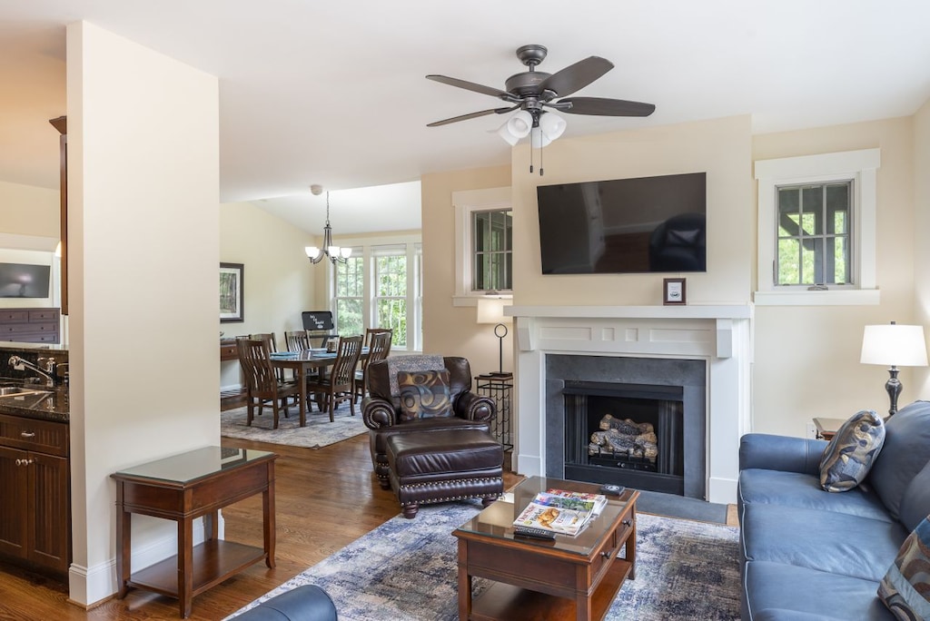 Gather around the gas logs fireplace in the stylish & inviting living room to stream your favorite movies on the Smart TV.