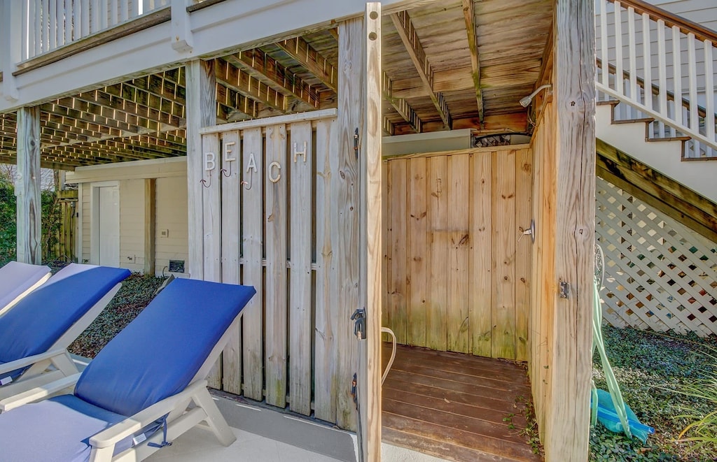 Outdoor shower by the pool area.