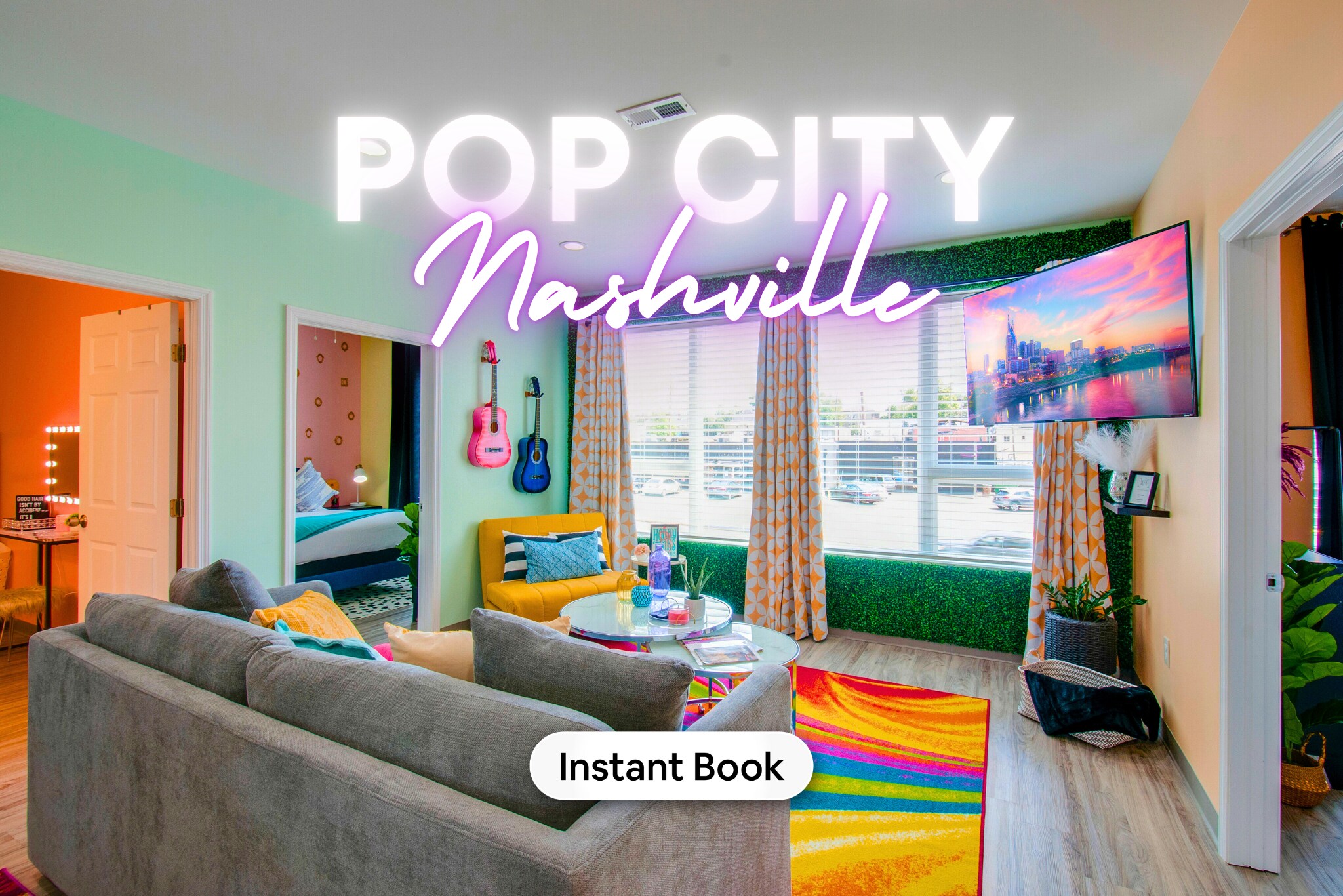 Dive into ‘POP CITY Nashville,’ where vibrant décor meets Music City magic! Perfect for bachelorette fun or family getaways, find your groove in this colorful space. Ready for unforgettable moments? Book with Misfit Homes!