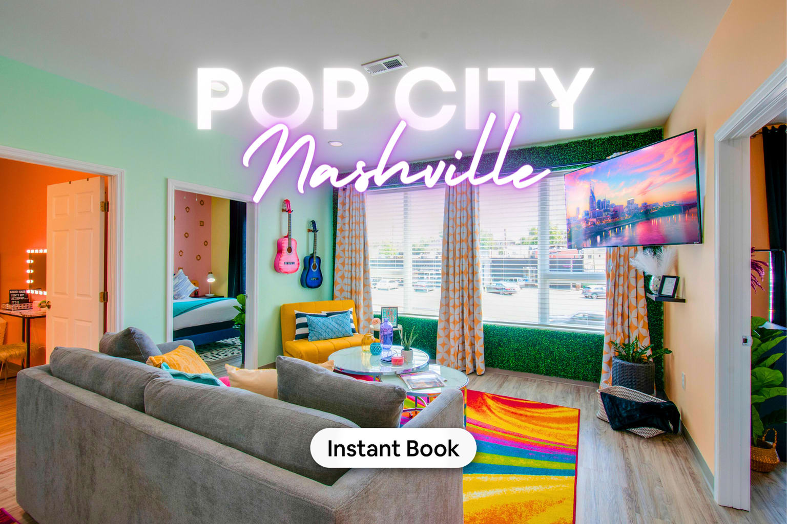 Imagine lounging in this vibrant living space with neon lights spelling out 'POP CITY Nashville,' setting the stage for an unforgettable Music City experience. Perfect for any Nashville-bound group, be it a bachelorette blowout or a family getaway, this luxury vacation rental boasts a playful vibe and a prime location. The bold colors and musical touches invite you to relax in style or prep for a night out. Soak up the Nashville spirit right from your couch—Misfit Homes awaits your stay. Book today and dive into your next vacation adventure! 🎸✨