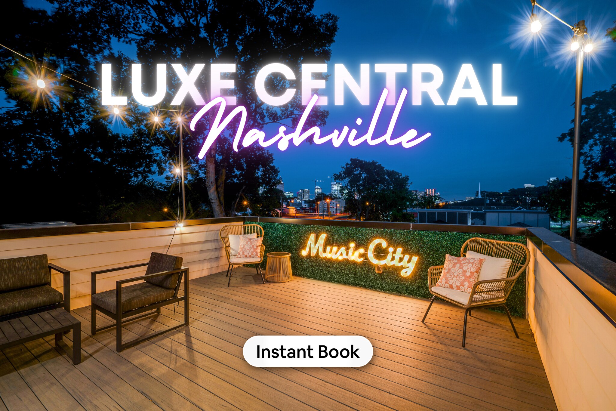 Bask in the elegance of our 'LUXE CENTRAL Nashville - Music City' rooftop deck, a dazzling urban oasis ideal for a Nashville bachelorette bash or any group vacation. Lounge on chic furniture under twinkling lights, and enjoy unparalleled views of the city skyline. Capture the essence of luxury and relaxation as you make unforgettable memories in Music City.

Book your stay with Misfit Homes now!