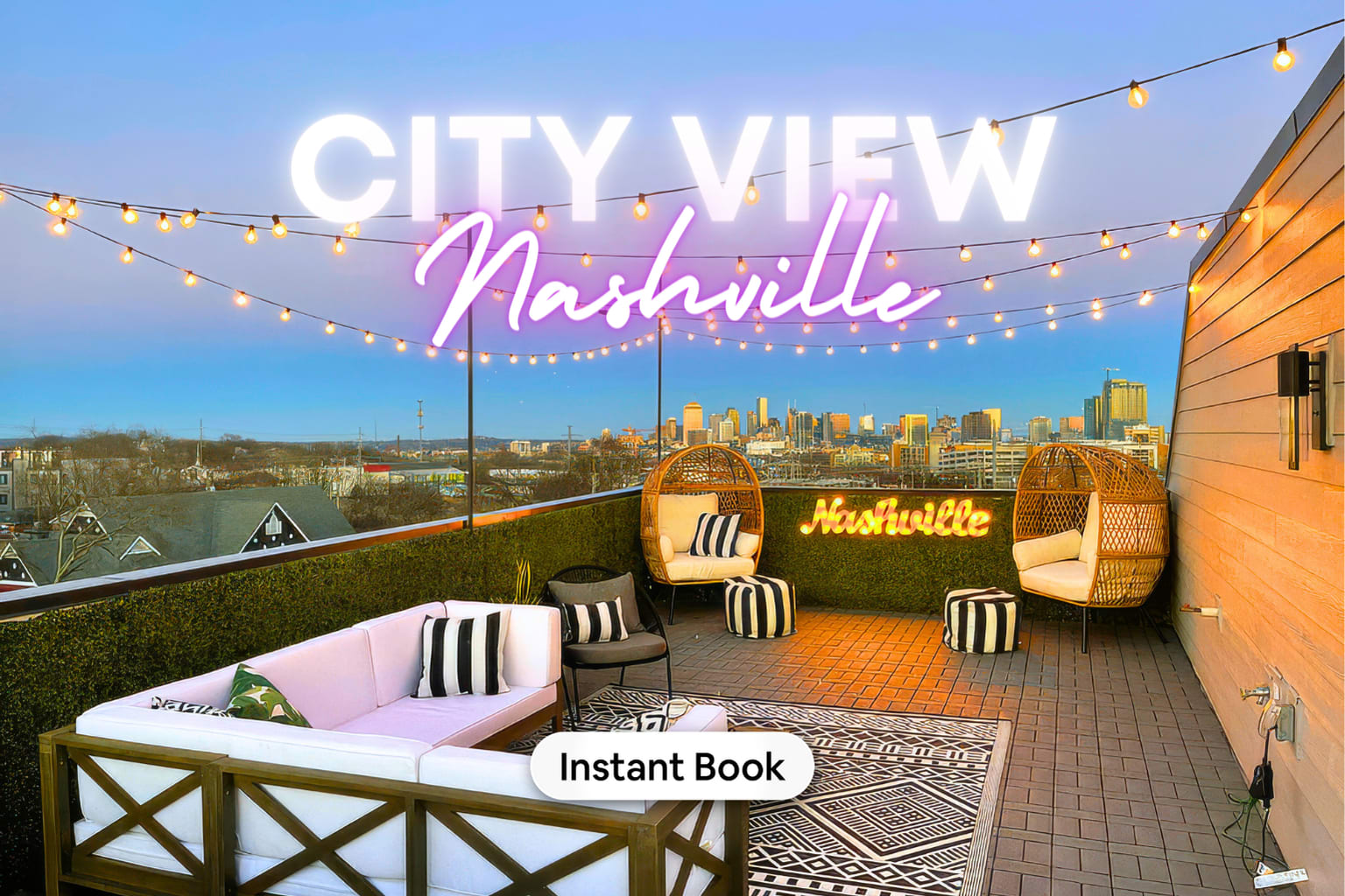 Unwind under twinkling lights with Nashville's skyline as your backdrop at this luxury vacation rental, perfect for your next bachelorette bash or family getaway. Sip local Music City brews on plush seating and let the vibrant pulse of the city energize your vacation. Ready to make memories? Secure this view with Misfit Homes – book today! 🌟🎶