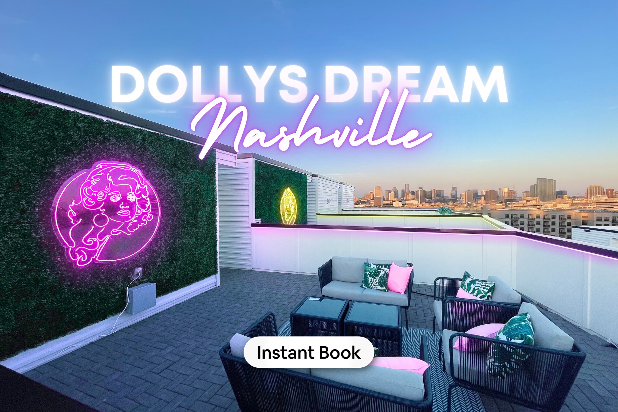 Gather under the neon glow of Dolly Parton on this chic Nashville rooftop, perfectly set for bachelorettes, family gatherings, or friends' meet-ups. With luxurious outdoor seating against a backdrop of the buzzing Music City skyline, ‘Dolly’s Dream’ offers a prime spot for evening entertainment and unforgettable vacation moments. Secure your slice of Nashville luxury.

Book your next stay with Misfit Homes today!