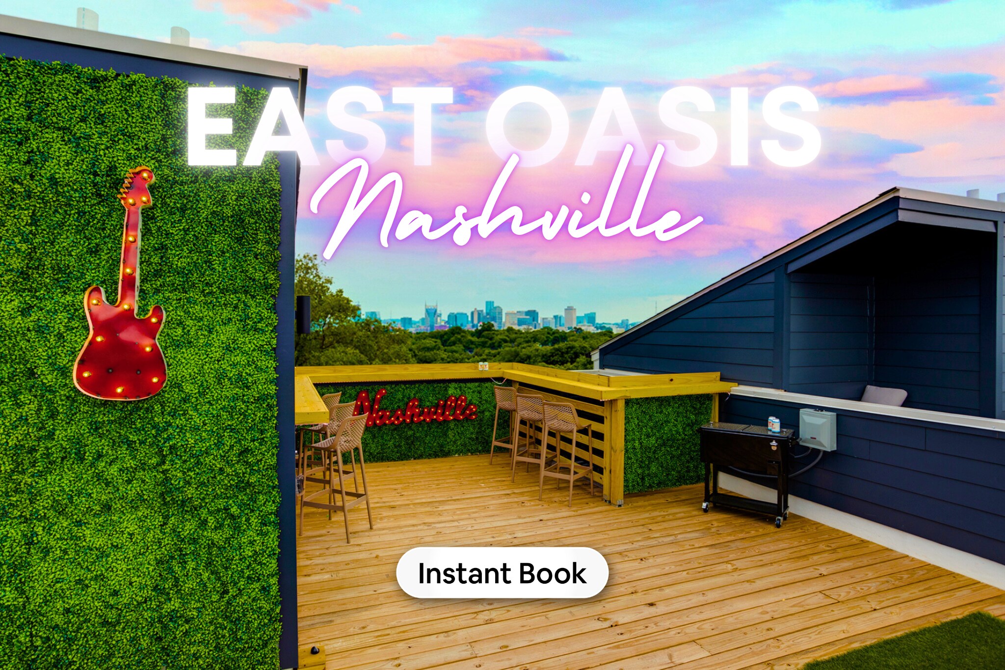 Experience Nashville from the luxurious East Oasis rooftop, where high bar seating and vibrant neon-lit accents set the scene for your next fabulous vacation. Ideal for bachelorette celebrations, family escapes, or friend gatherings, our deck features a barbecue grill perfect for sunset cookouts and a dazzling cityscape backdrop—promise yourself moments of joy and relaxation. Wake up with coffee or toast under the stars as the bustling skyline fuels your Music City adventures. Ready to make unforgettable memories?

Book your stay with Misfit Homes today!