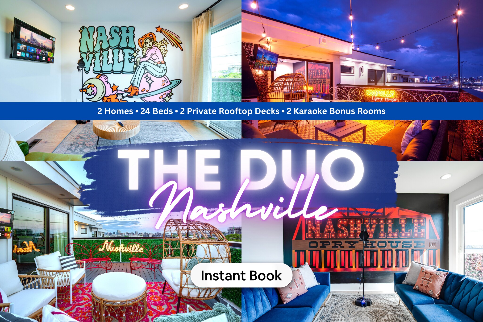 Dive into the vibrant heart of Music City with "THE DUO Nashville," a stunning luxury vacation rental perfect for your next Nashville bachelorette or group trip. Featuring two stylish homes side-by-side, this hotspot offers you 8 bedrooms and 24 beds, enveloped in chic design. Strike a chord in one of the karaoke bonus rooms, bask in the urban glow from two private rooftop decks, and soak in the dynamic Nashville vibe from the comfort of modern lounges adorned with local art. Each space in THE DUO is crafted to make your stay unforgettable—ready for luxury, fun, and relaxation?

Book now with Misfit Homes!