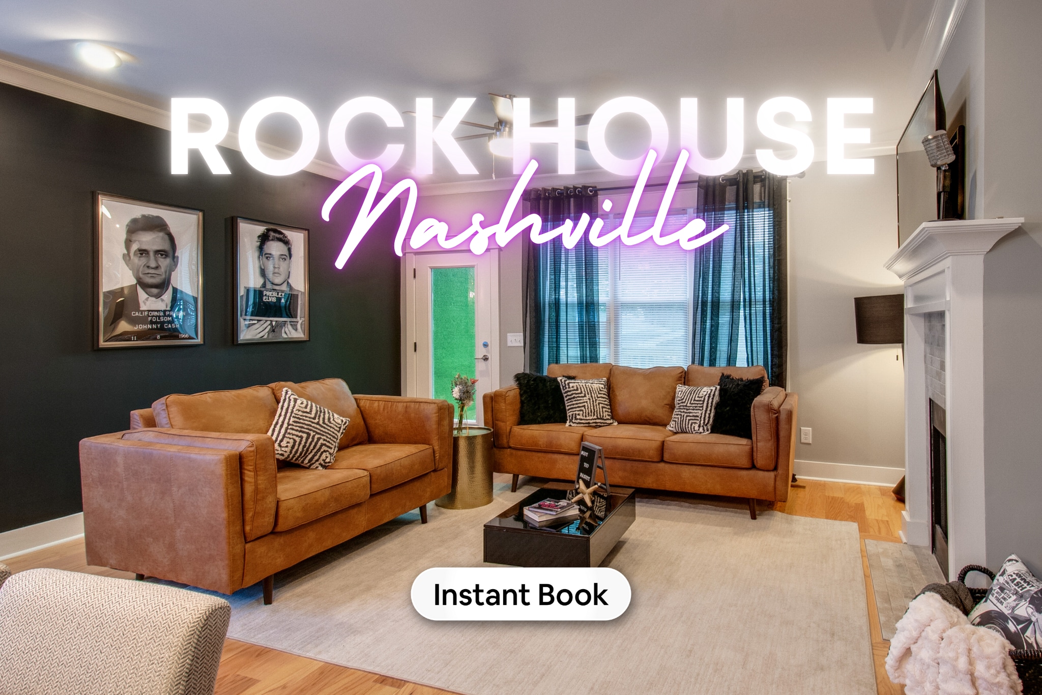 Experience the pulse of Nashville in Rock House's luxuriously chic living room, adorned with caramel leather sofas and surrounded by musical flair, including an iconic "ROCK HOUSE Nashville" neon sign. This premium vacation rental, ideal for a bags-to-boots bachelorette or friends' getaway in Music City, invites you to a comfy gathering spot for laughter-filled evenings. 

Book now with Misfit Homes!