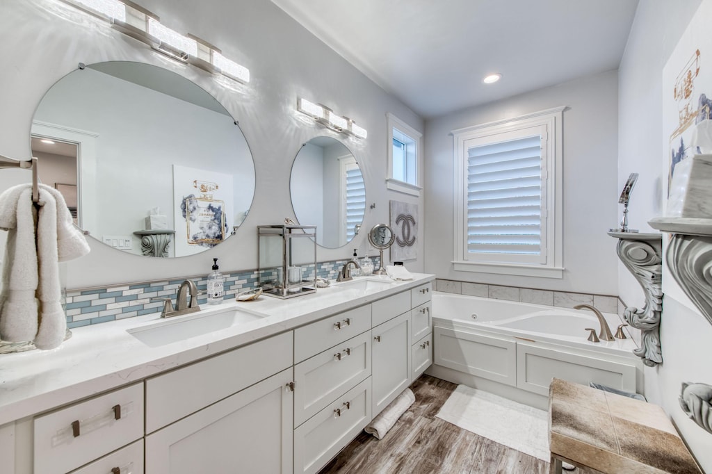 A double sink and plenty of mirror space.