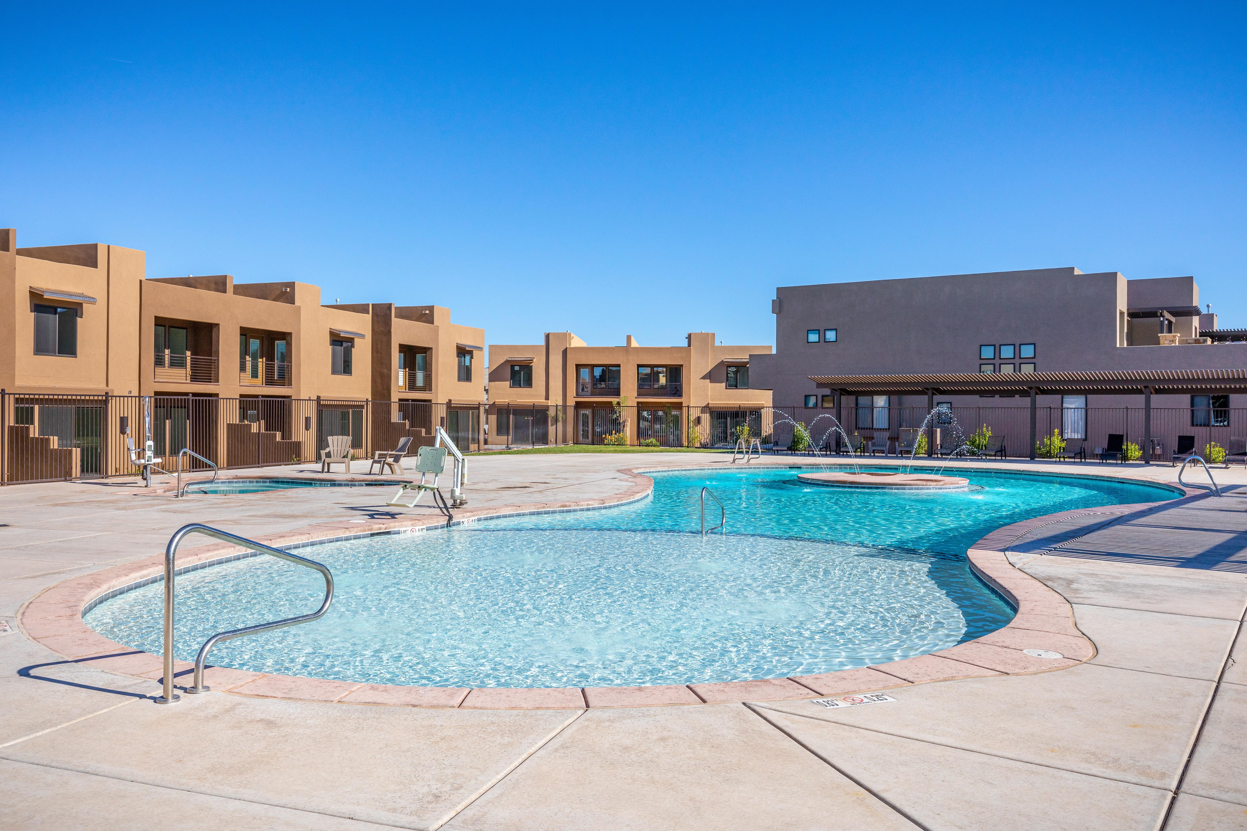 Pool 2 is heated year-round and includes a deeper swimming area and a shallow kid’s area.