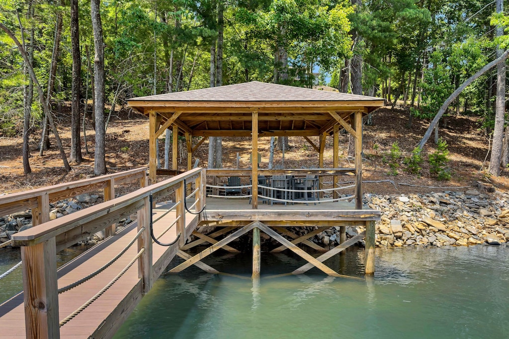 A private boat dock extending into the clear waters of Lake James, providing direct access for boating, swimming, and relaxation.