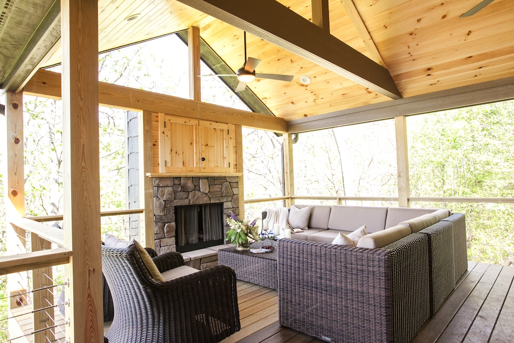 Outdoor fireplace on the upstairs deck—great for evening conversation.