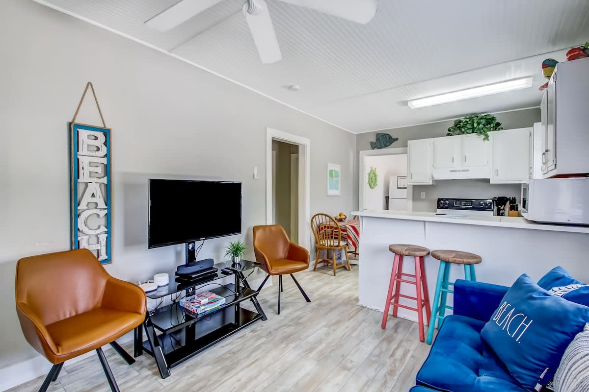 Cozy living room open to the kitchen